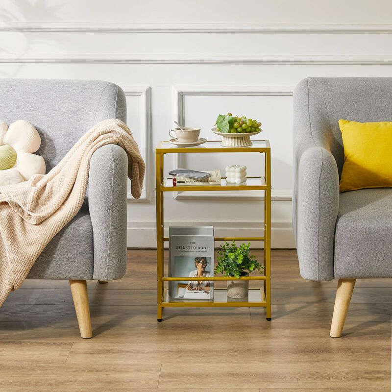 IBUYKE Glass End Table for Small Space, Narrow Side Tables with Storage Shelf, Bedside Table Slim Nightstand with Magazine Holde