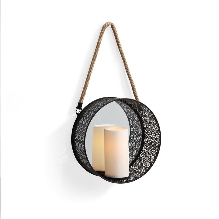 Round Mirror Pillar Candle Sconce with Filigree Metal Frame and Hanging Rope