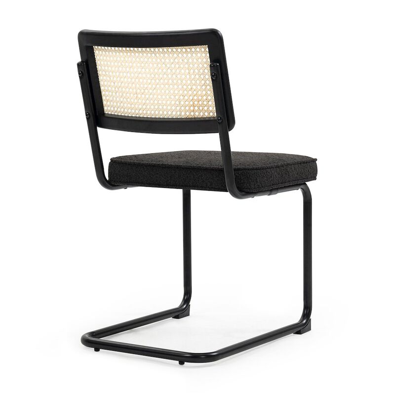 Glamour Home Set of 2 Black Boucle Fabric Dining Chair Rattan Backrest and Black Iron Legs