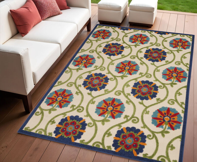 HomeRoots 4' X 6' Navy Blue Beige Green Blue And Red Floral Indoor Outdoor Area Rug image number 1