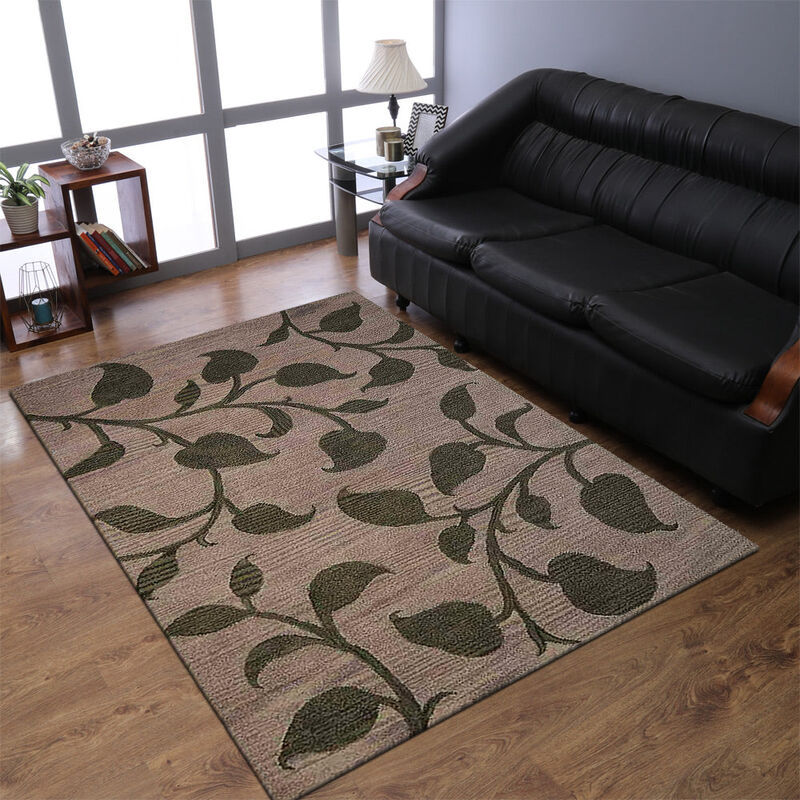 RUGSOTIC CARPETS HAND TUFTED WOOL ECO-FRIENDLY AREA RUGS  - 5'x8', Rectangle Shape, Beige & Green, Floral Modern Design, High Pile Thick Handmade Area Rugs for Living Room, Bed Room (K00908)