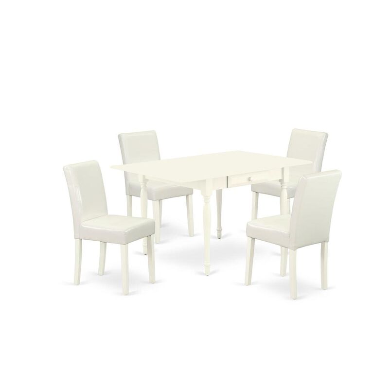 1MZAB5-LWH-64 5Pc Wood Dining Table Set Consists of a Dining Table and 4 Parsons Dining Chairs with White Color PU Leather, Drop Leaf Table with Full Back Chairs, Linen White Finish