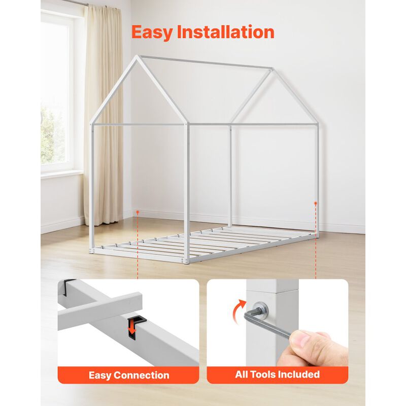 Twin Size House Bed Frame, Metal Kids Floor Bed with Roof, Steel Slats Support, White image number 4