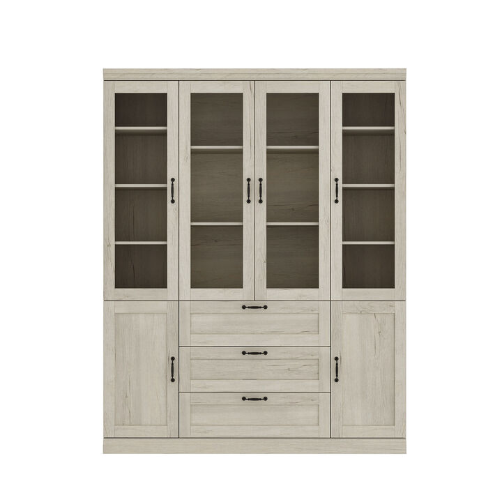 FUFU&GAGA Modern Gray-White Woodgrain Wardrobe with Glass Doors and Drawers Large Capacity Storage 63 in. L x 15.6 in. W x 79.9 in. H