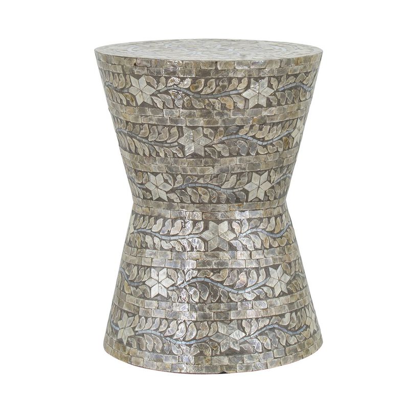 19 Inch Luxury Accent Table Stool, Star Foliage Pattern, Gray and Brown image number 2