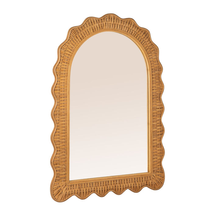 Arched Wall Mirror with Scalloped Woven Rattan Frame
