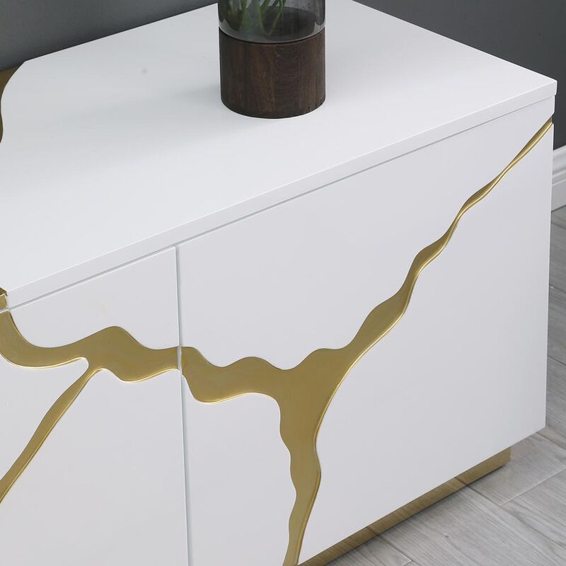 Best Master Furniture Ronnie White Lacquer T.V Stand with Gold Accents