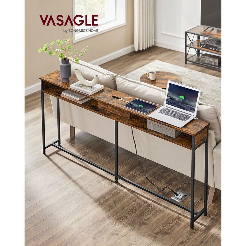 Long Console Table with Charging Station &ndash; 70" Sofa Table with Power Outlets and 3-Tier Shelves for Decor and Devices
