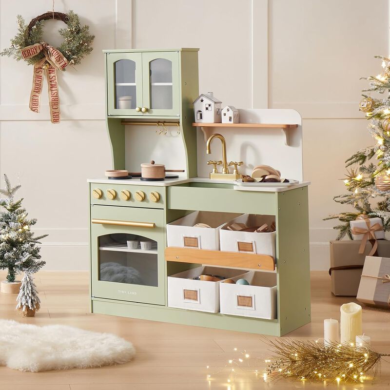 Wooden Play Kitchen with Toy Storage, Built-In Cabinets, Felt Bins & Cookware Accessories Make Cleanup Easy While Encouraging Organizational Skills image number 8