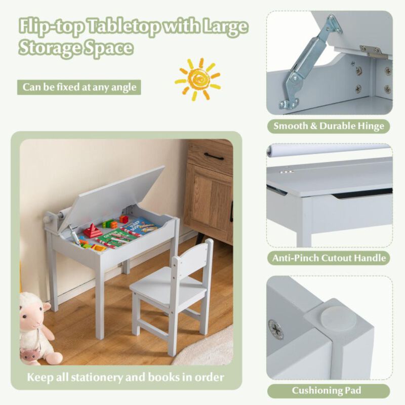 Hivvago Wooden Kids Table and Chair Set with Storage and Paper Roll Holder image number 3
