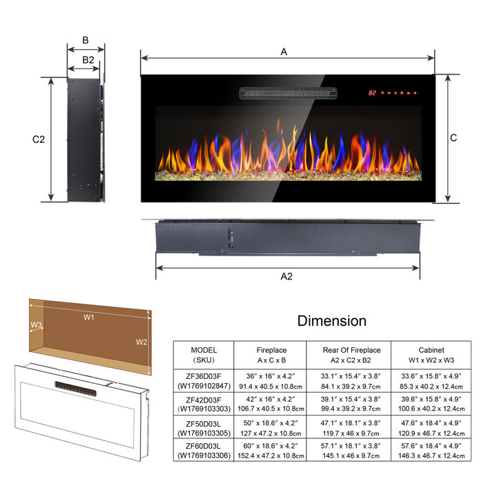 42 inch recessed ultra thin tempered glass front wall mounted electric fireplace with remote and multi color flame & emberbed, LED light heater