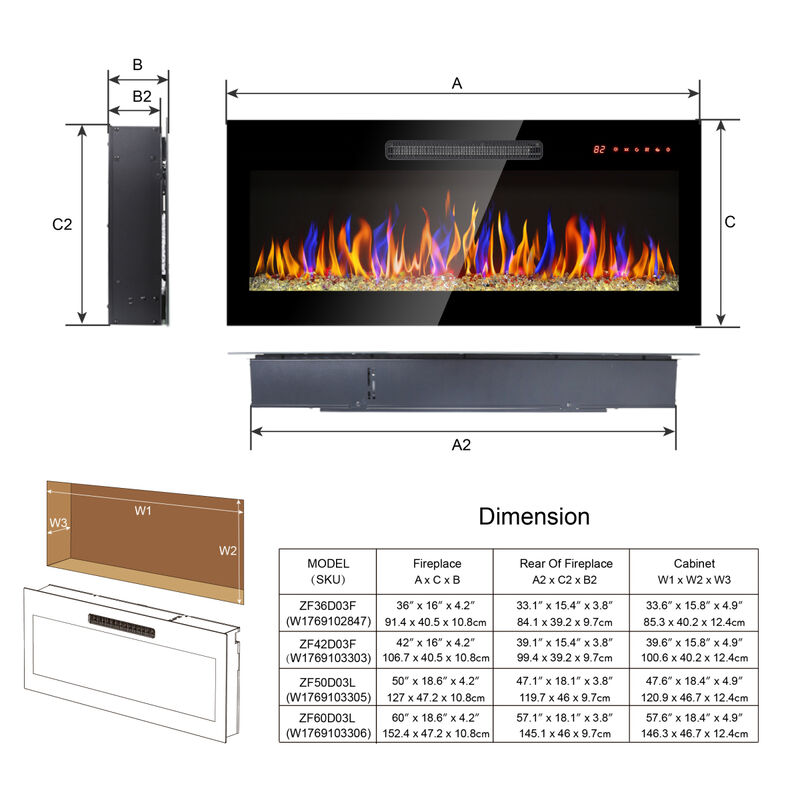 60 inch recessed ultra thin tempered glass front wall mounted electric fireplace with remote and multi color flame & emberbed, LED light heater