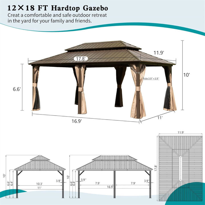 12' X 18' Hardtop Gazebo, Aluminum Metal Gazebo with Galvanized Steel Double Roof Canopy, Curtain and Netting, Permanent Gazebo Pavilion for Party, Wedding, Outdoor Dining, Brown