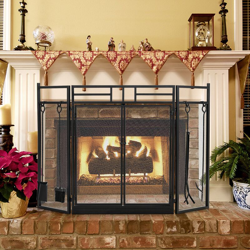 3-Panel Folding Wrought Iron Fireplace Screen with Doors and 4 Pieces Tools Set-Black image number 1