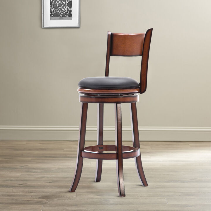 Pal 29 Inch Swivel Bar Stool, Solid Wood, Rich Bonded Leather, Brown-Benzara