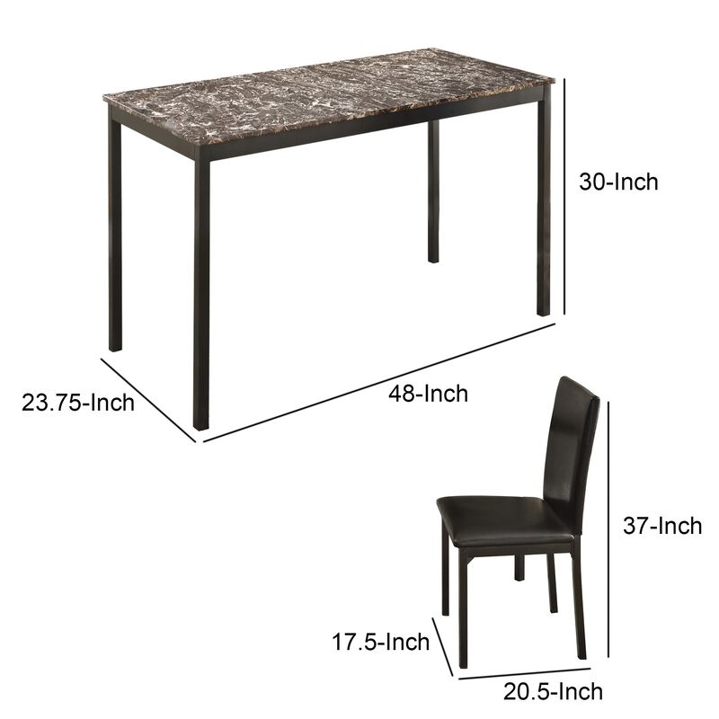 Faux Marble Writing Desk With Leatherette Upholstered Metal Chair, Black-Benzara