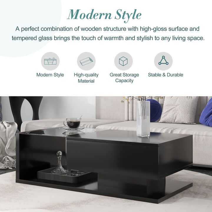 Modern Coffee Table with Tempered Glass, Wooden Cocktail Table, 2-Tier Rectangle Center Table for Living Room