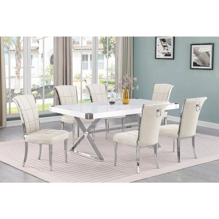 Best Quality Furniture 7pc Small(78) white wood top dining set with silver base and 6 chairs