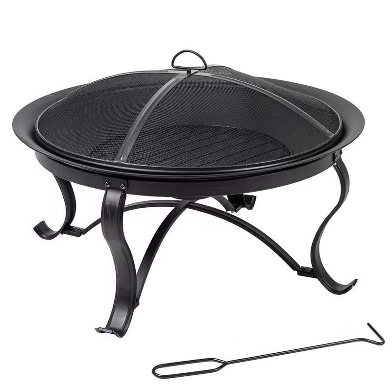 Hivvago 30-inch Round Steel Outdoor Fire Pit with Mesh Cover and Poker in Bronze