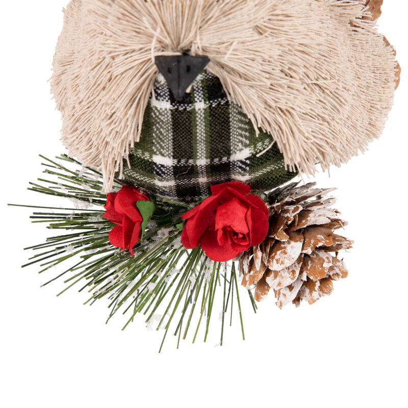 6.75" Front Facing Plaid Bird and Frosted Pine Needle Hanging Christmas Ornament