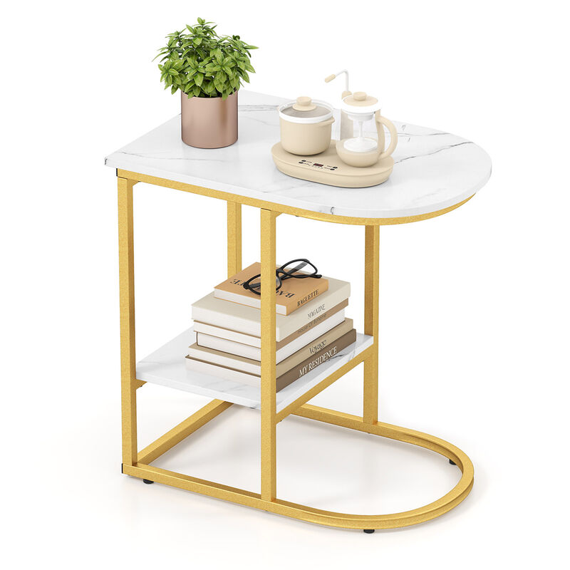 Space-Saving C-Shaped Sofa Side Table with Faux Marble and Storage Shelf