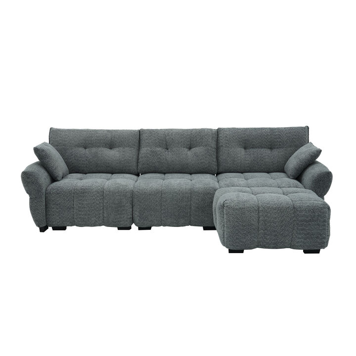 FUFU&GAGA Modern L-Shaped Sofa Set with Ottoman, Includes 2 Pillows, Textured Fabric, (110.2 in. W x 61 in. D x 35.4 in. H), Gray