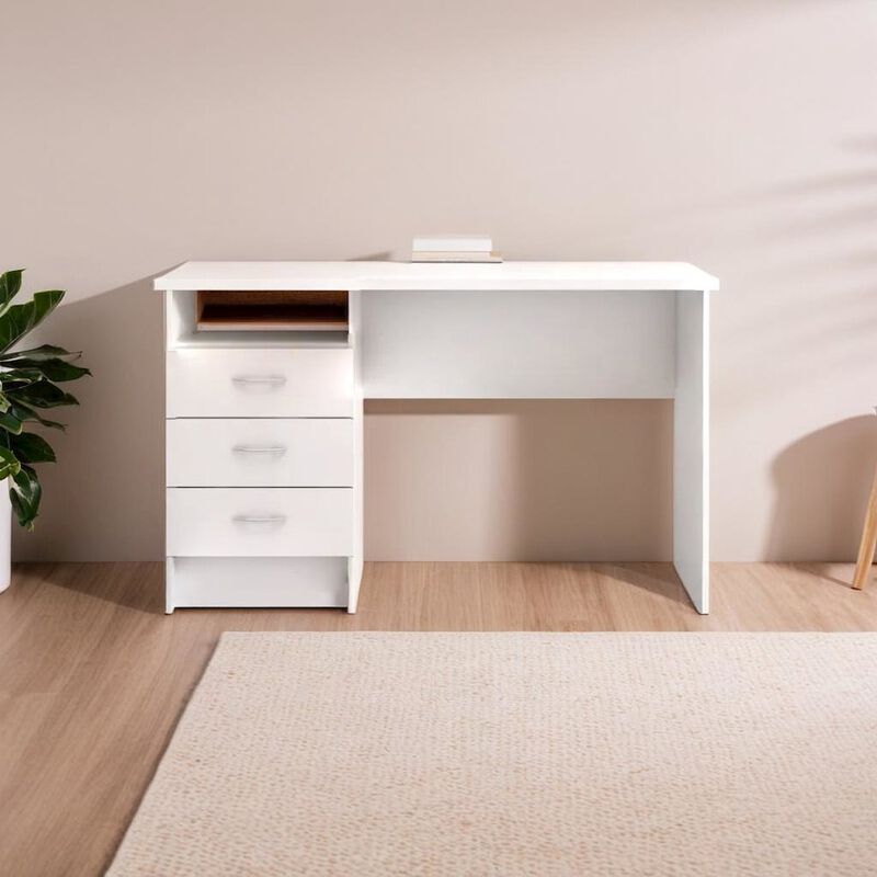 FurniFact Sleek White Computer Desk with Three Drawers and Open Shelf for Storage