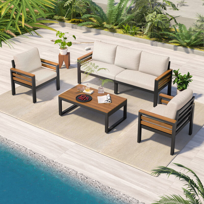 Whisen 4-Piece Outdoor Furniture Sofa Set, Patio Conversation Set with Removable Cushion and Solid Wood Coffee Table image number 1