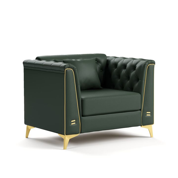 Chesterfield Accent Chair, Faux Leather Button Tufted Rolled Arm Chair, Modular 1 Seater with Metal Trim and Tapered Legs