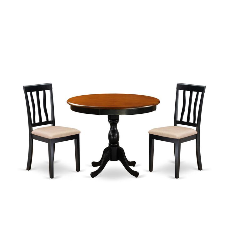 East West Furniture 3-Pc Mid Century Table Set Contains a Dining Room Table and 2 Linen Fabric Mid Century Dining Chairs with Slatted Back - Black Finish