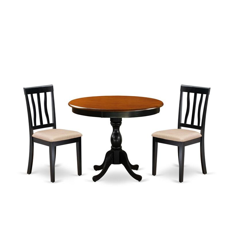 East West Furniture 3-Pc Mid Century Table Set Contains a Dining Room Table and 2 Linen Fabric Mid Century Dining Chairs with Slatted Back - Black Finish