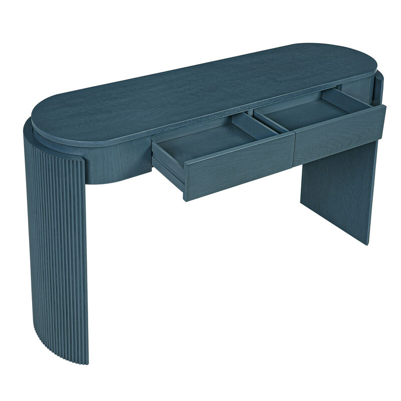 Merax Entryway Table with Natural Wood Grain Finish, Console Table with Fluted Design, Oval Top and 2 Drawers