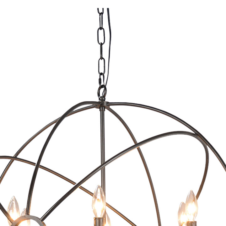6 Light Fixture Orb Shape Metal Frame Chandelier, Black - Benzara