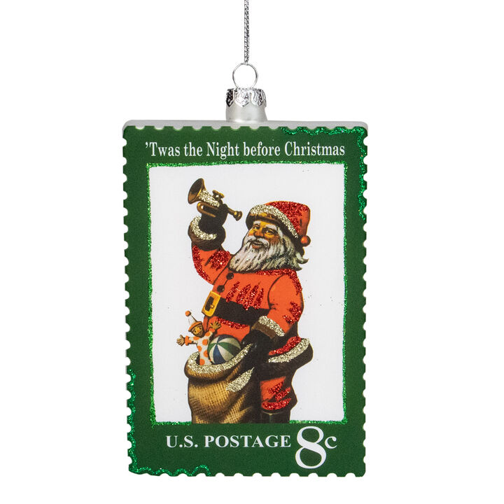 3.5" Green USPS Santa Stamp "Twas The Night Before Christmas" Glass Christmas Ornament