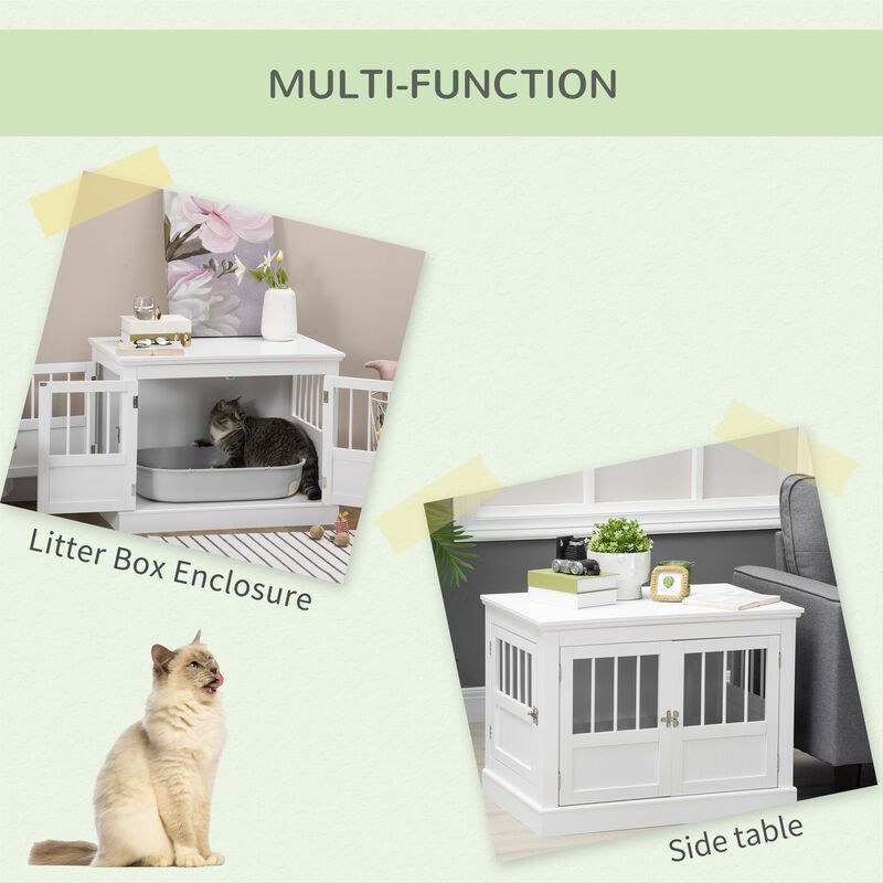 Cat Litter Box Enclosure with Magnetic Doors, Cat Washroom Nightstand with Large Top, Hidden Litter Box Side Table with Latches, White