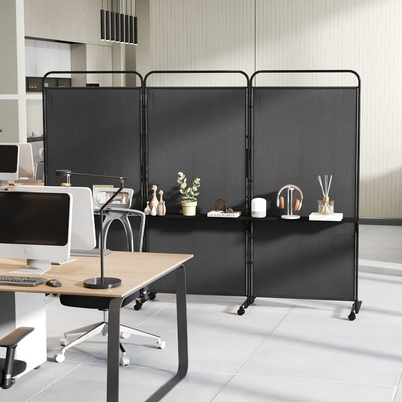 Multi-Functional 3-Panel Folding Room Divider with Metal Shelves and Lockable Wheels