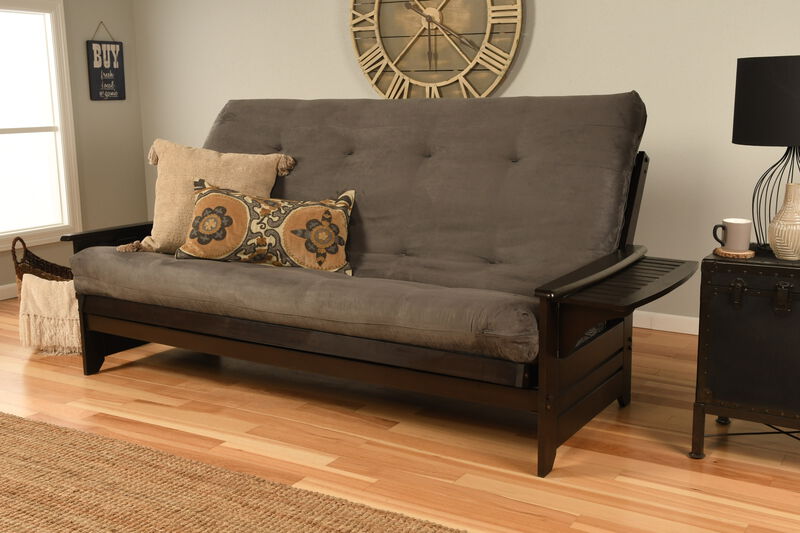 Queen-size Phoenix Futon in Espresso Finish with Suede Gray Mattress image number 2