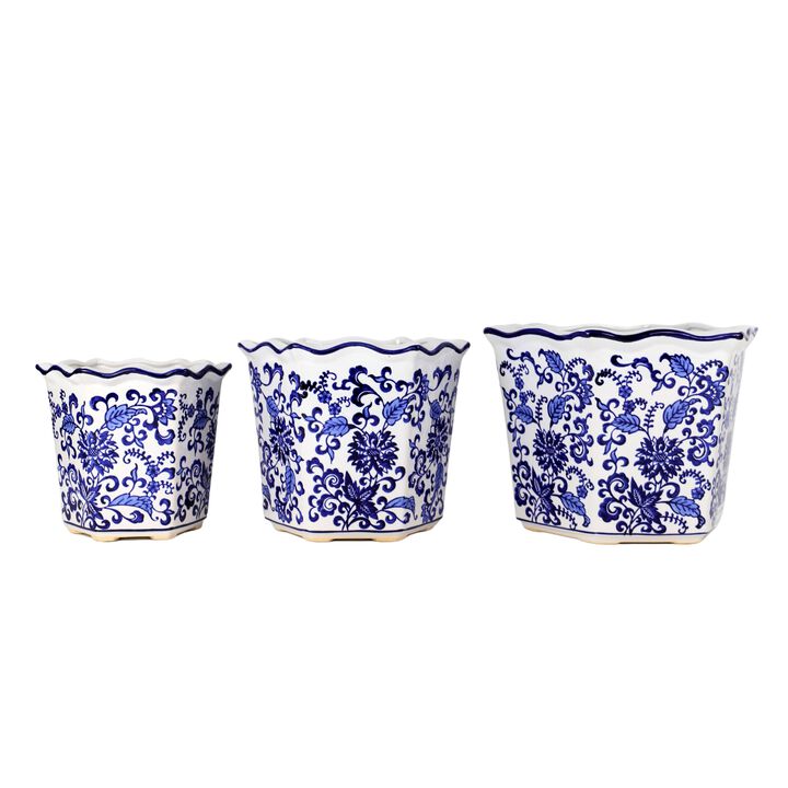 Euro Ceramica Blue and White Chinoiserie Ceramic Garden Planter, Set of 3