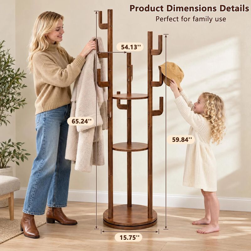 Solid Rubberwood Rotating Coat Rack with 3 Shelves and 9 Hooks, Walnut Coat Tree image number 6