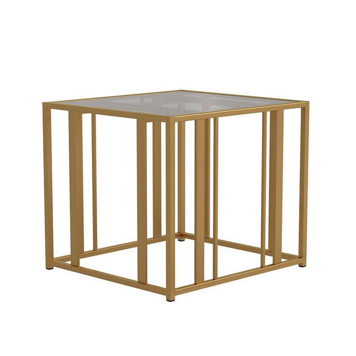 Glass Top End Table with Metal Tubular Base, Brass-Benzara