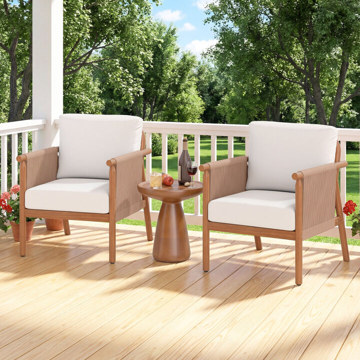 Set of 2 Outdoor Acacia Wood Chairs with Woven Rope Armrests and Cushions