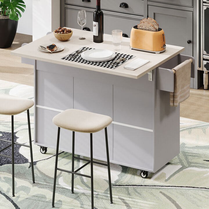 Merax Rolling Kitchen Island with Tilt-Out Trash Cabinet, Drop Leaf, 2 Drawers, 2 Cabinets