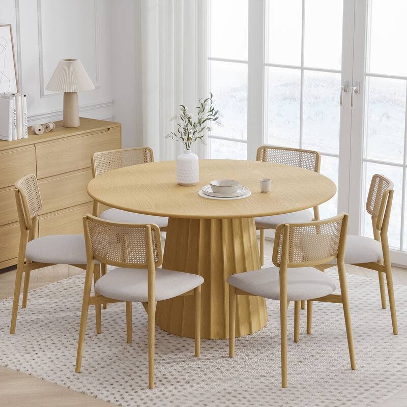 52 Inch Primary Color Round Wooden Dining Table Seats 4-6 People, Suitable for Living Room and Dining Room