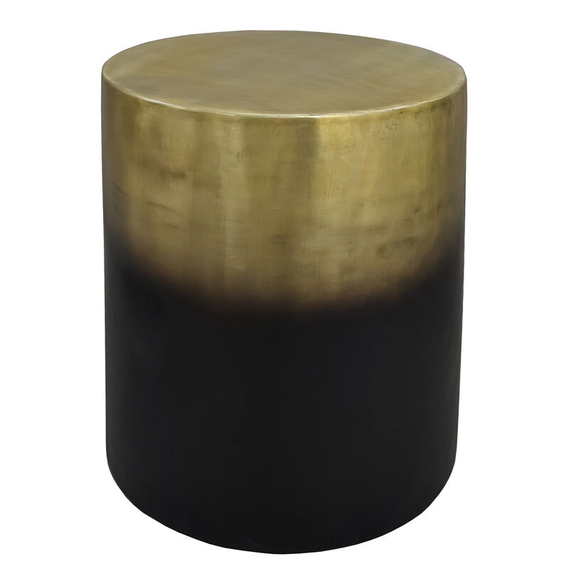 Dyan 20 Inch Side End Table, Round Drum Shape, Black, Gold Antique Brass Ombre