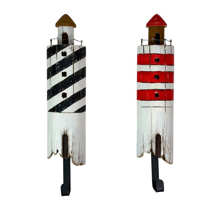 Set of 2 Wood Lighthouse Wall Hooks, 11.5 Inch Coastal Nautical Wall Decor, Handcrafted Multicolor Striped Lighthouse Hook Set for Entryway, Bathroom, Bedroom or Beach House Walls