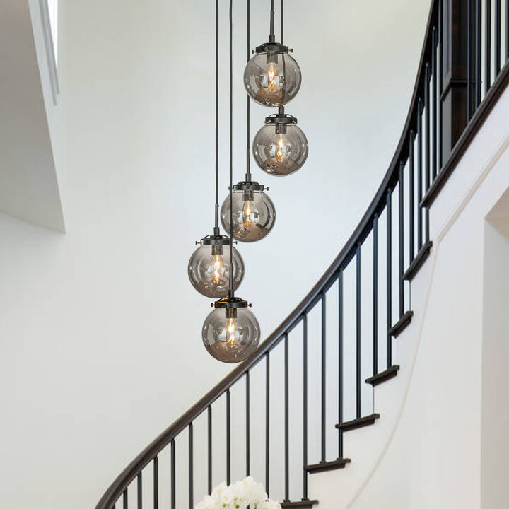 5-Light Matte Black Staircase Modern Chandelier Corner Pendant With Smoke Globe Bubble Glass Accents