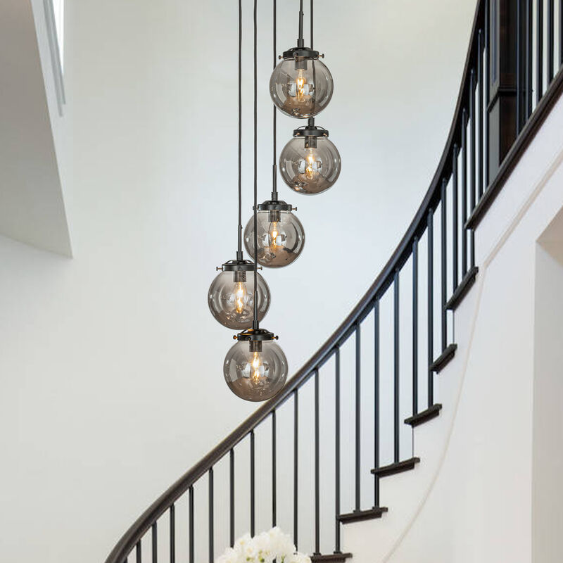 5-Light Matte Black Staircase Modern Chandelier Corner Pendant With Smoke Globe Bubble Glass Accents image number 1