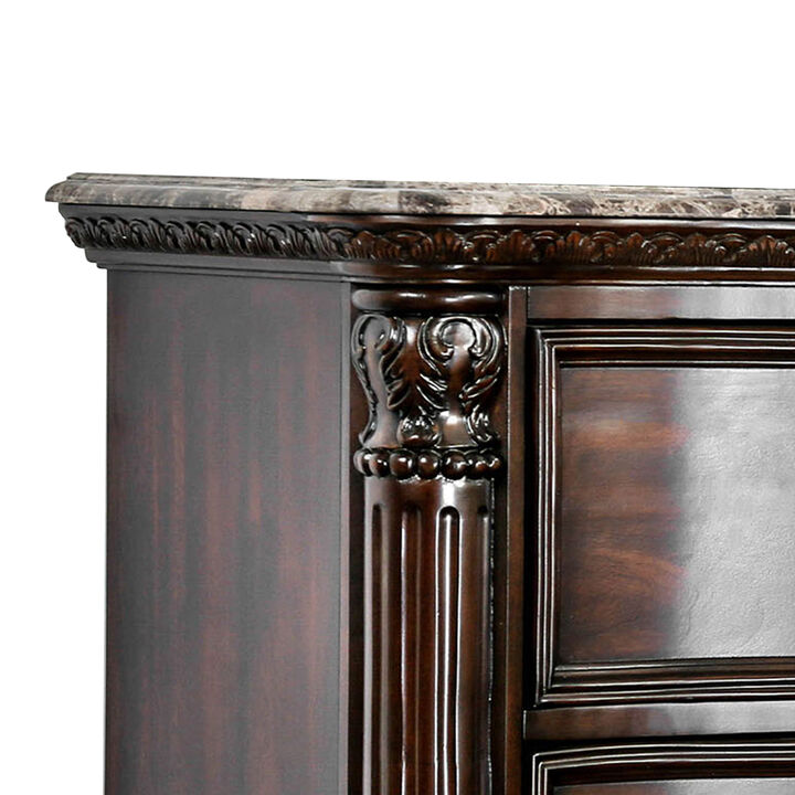 Transitional Wood Nightstand With Genuine Marble Top, Brown-Benzara