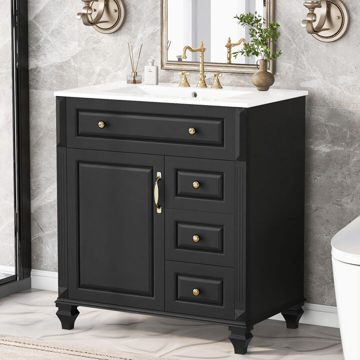 Merax Bathroom Storage Vanity with Classic Black Painted Finish, Panel Details & Decorative Legs