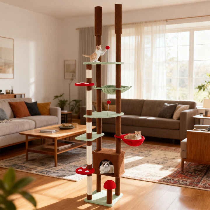 Mushroom Themed Floor to Ceiling Cat Tree with Adjustable Height, Condo, and Hammock-Brown